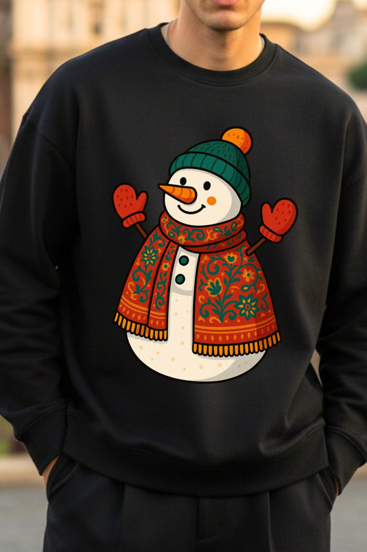 Black sweatshirt with a colorful snowman design worn by a man.