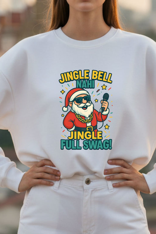Woman wearing a white sweatshirt with a colorful graphic design featuring Santa Claus and text.