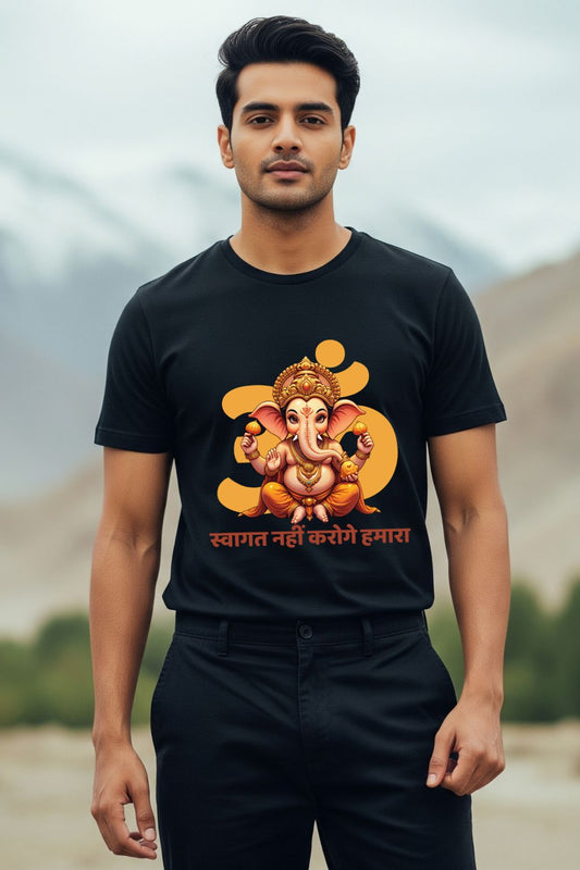 A man modeling ZUPPI's "Swagat Nahi Karoge Hamara" black T-shirt, a Ganesh Chaturthi-themed T-shirt, featuring a colorful graphic and text
