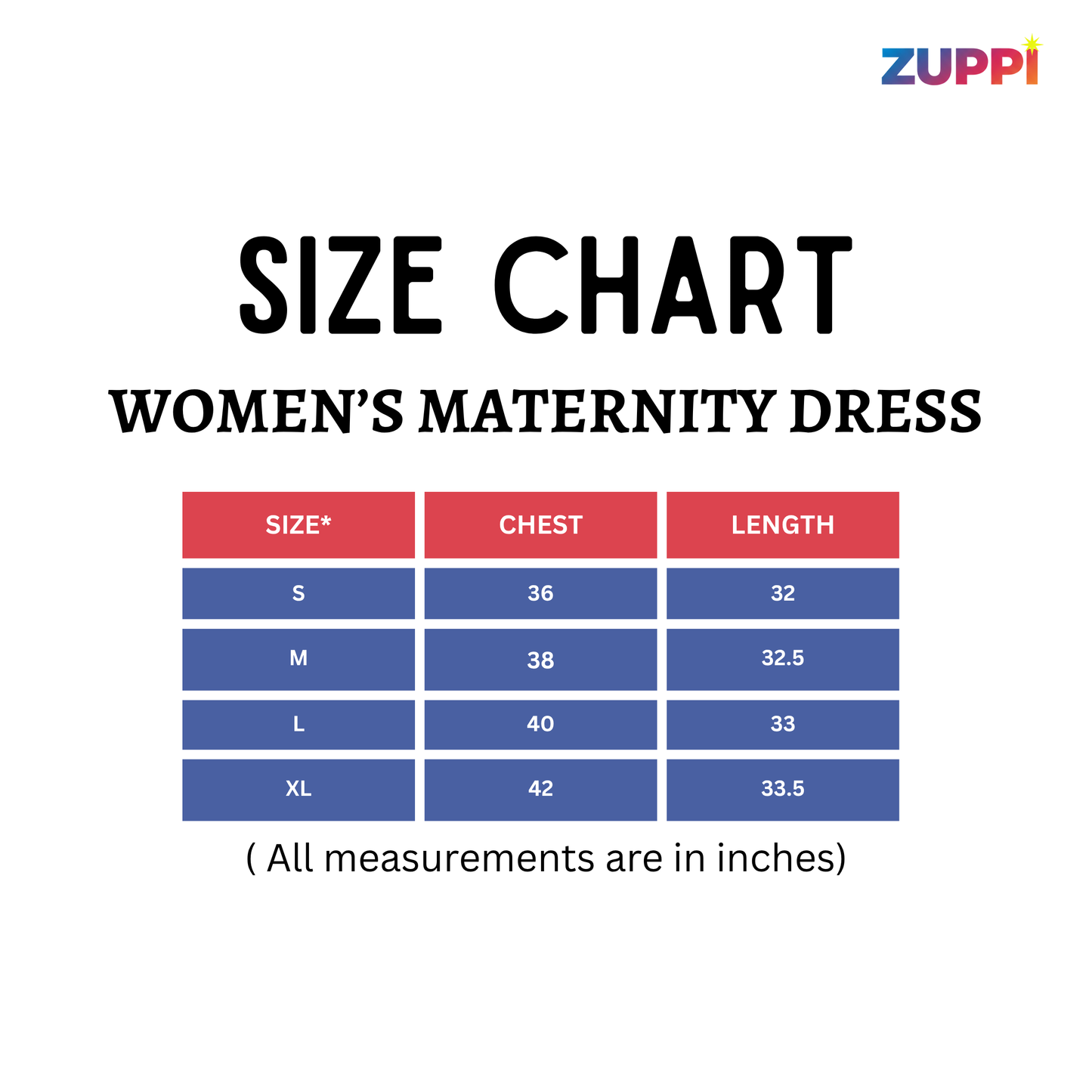Size chart for women's maternity dresses by Zuppi on a white background