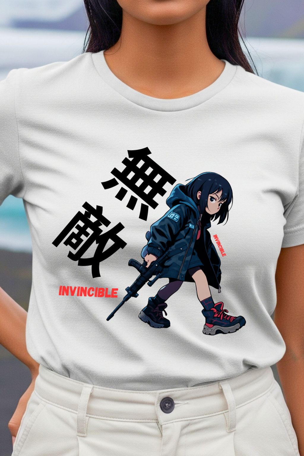 White t-shirt with anime character and text worn by a woman, with a blurred background.