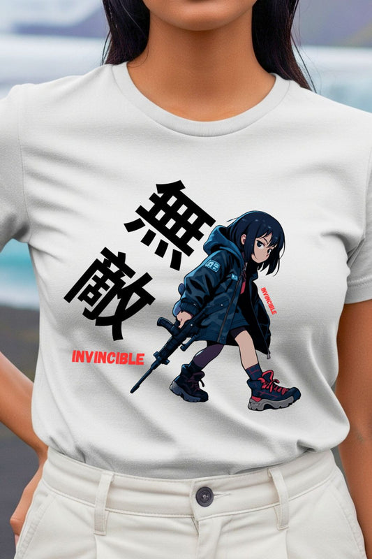 White t-shirt with anime character and text worn by a woman, with a blurred background.