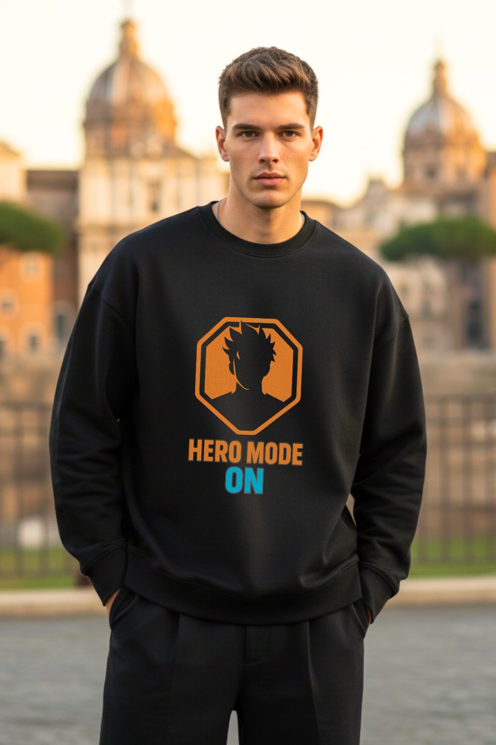 Front view of a man wearing a black oversized sweatshirt with 'Hero Mode On' design in front of a cityscape.
