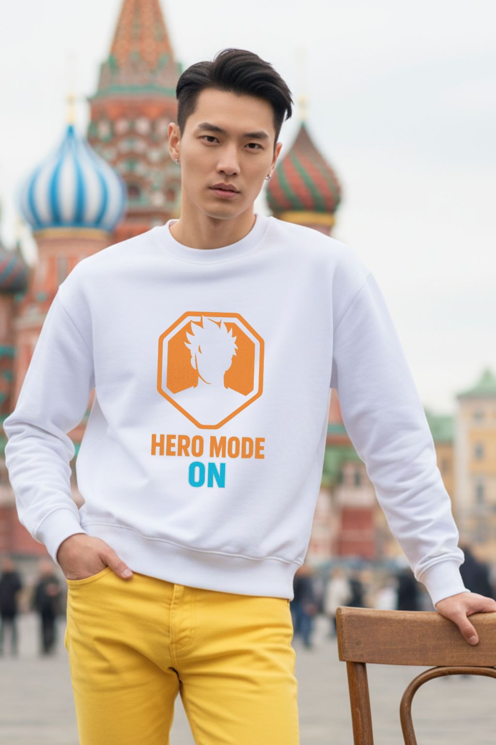 Front view of a man wearing a white oversized sweatshirt with 'Hero Mode On' text and design, standing in front of a colorful building.