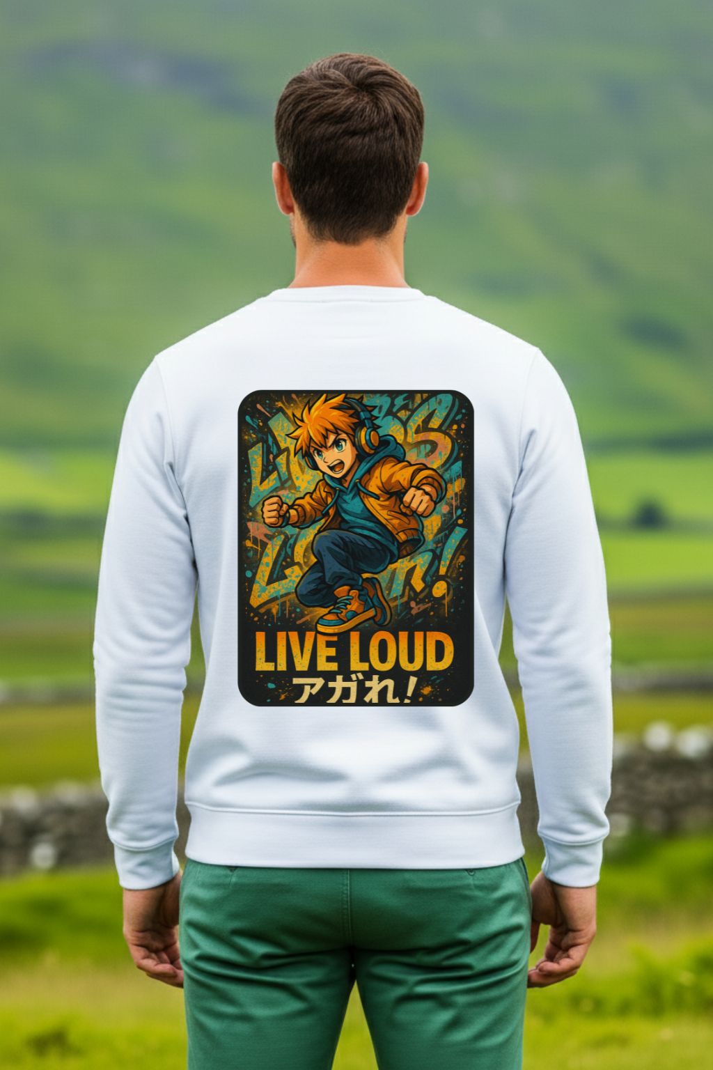 Man wearing a white sweatshirt with a graphic design on the back in a green outdoor setting