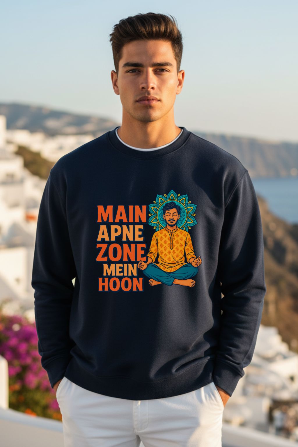 Man wearing a navy blue oversized sweatshirt with a colorful graphic and text, standing in front of a scenic background.