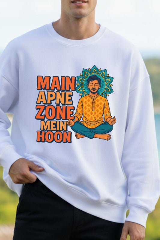 close up of a man wearing a white oversized sweatshirt with a graphic design and text.
