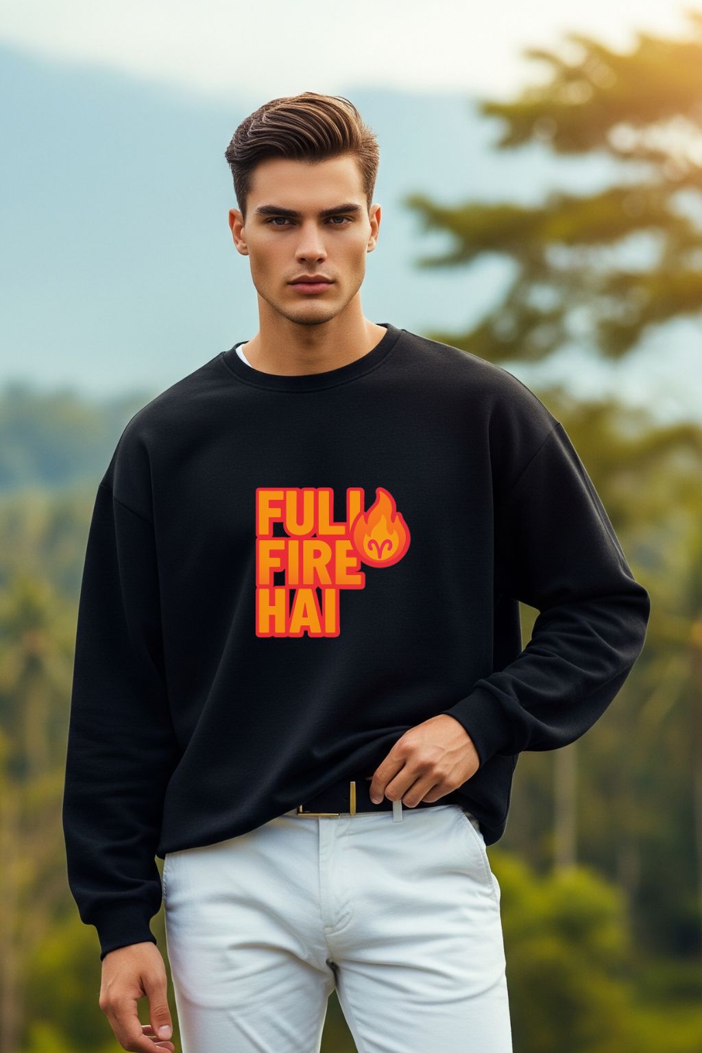 Man wearing a black sweatshirt with 'FULL FIRE HAI' text and flame graphics outdoors.