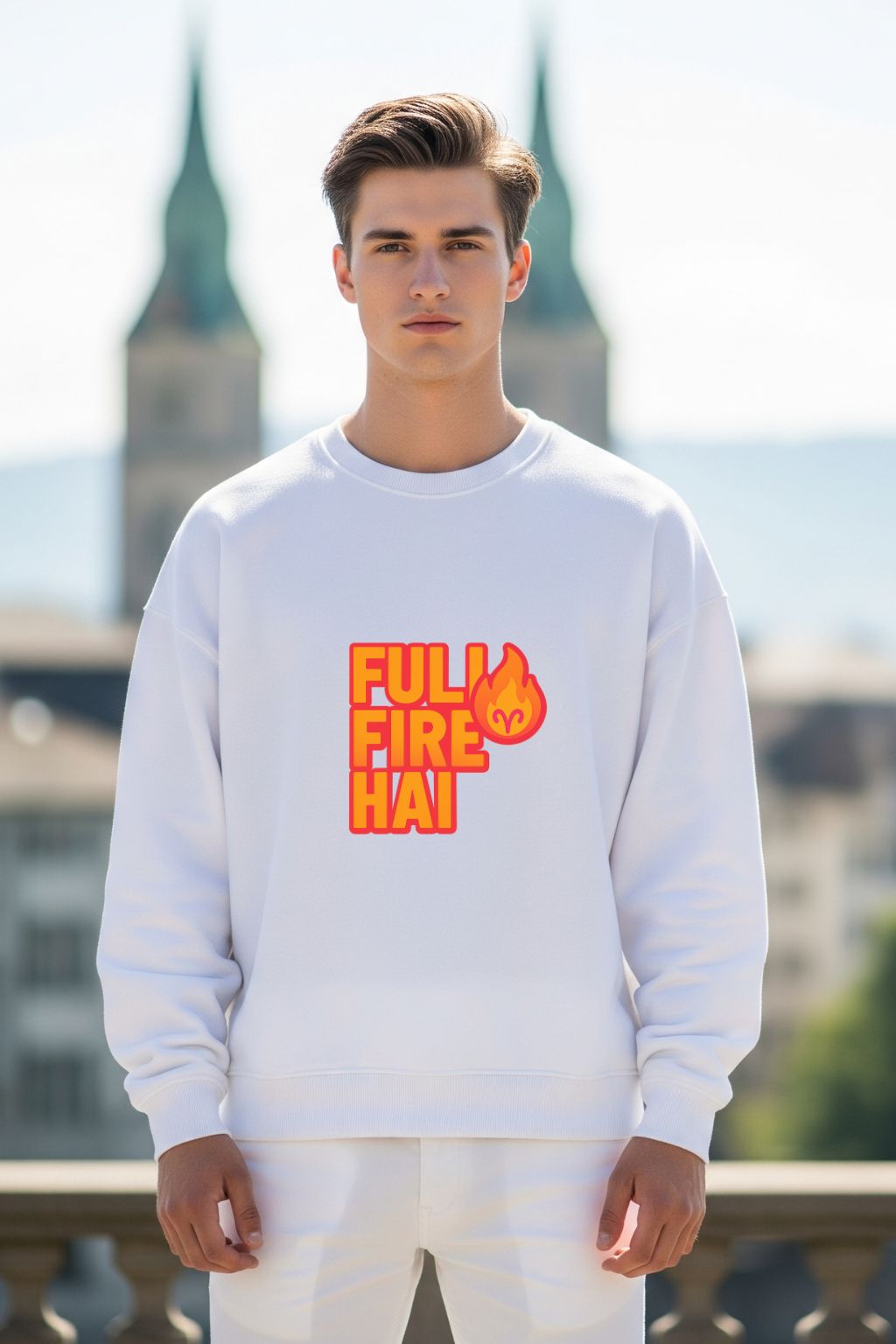 Man wearing a white sweatshirt with 'FULL FIRE HAT' text and flame graphic outdoors.