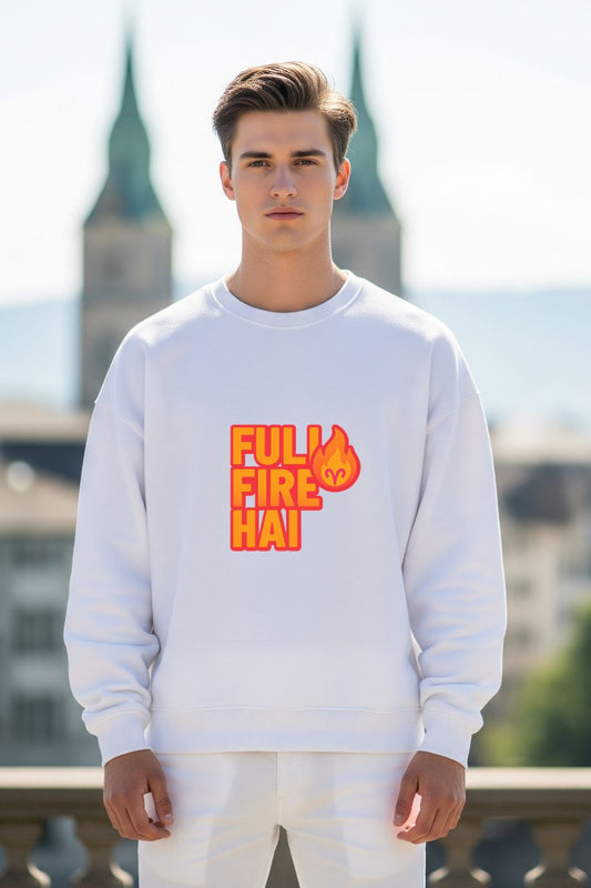 Man wearing a white sweatshirt with 'FULL FIRE HAT' text and flame graphic outdoors.