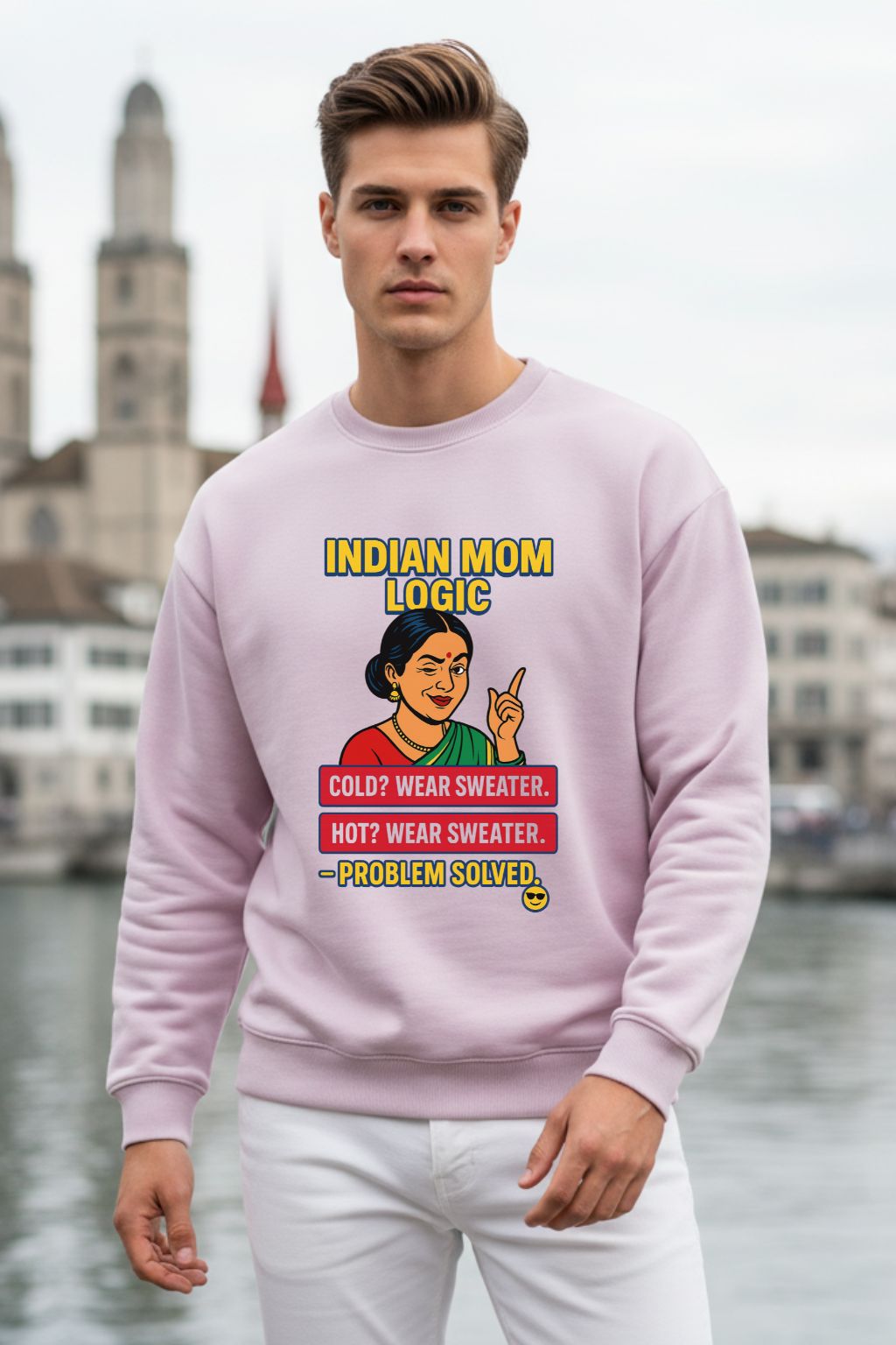 Man wearing a Light Baby Pink oversized sweatshirt with a graphic and text in an urban setting