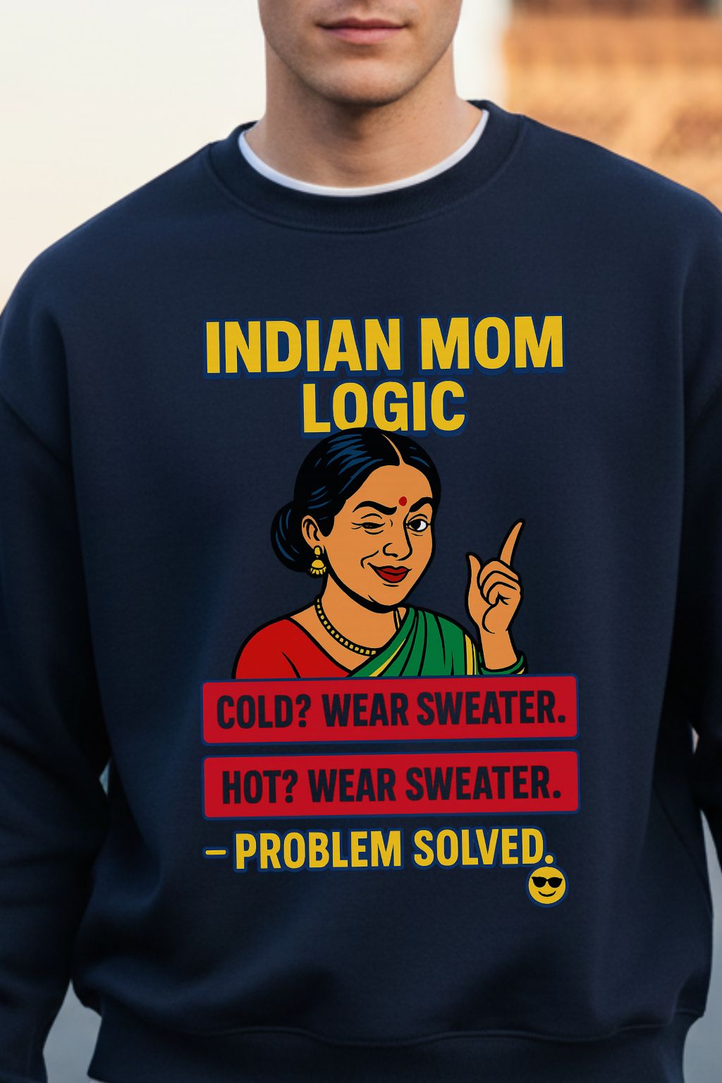 close up of a navy blue oversized sweatshirt with 'Indian Mom Logic' graphic and text