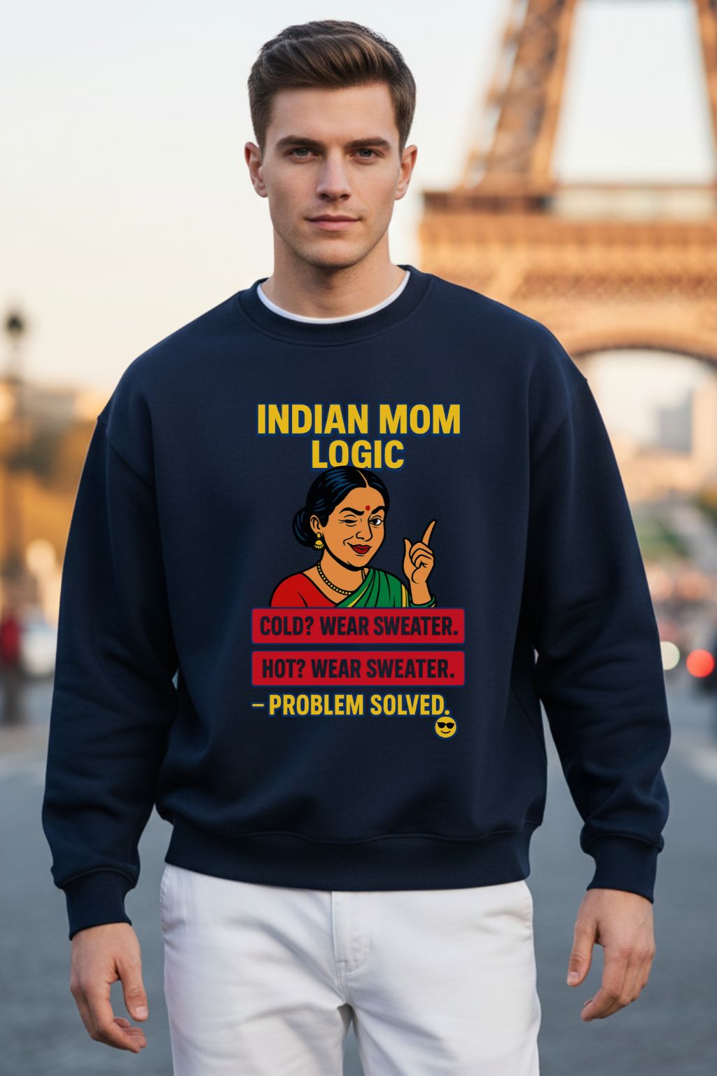 Man wearing a navy blue oversized  sweatshirt with a graphic and text in front of the Eiffel Tower.