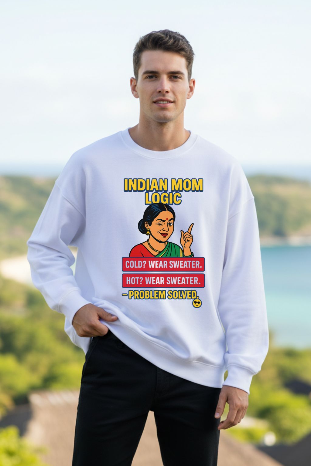 Man wearing a white oversized  sweatshirt with a graphic and text, standing outdoors.