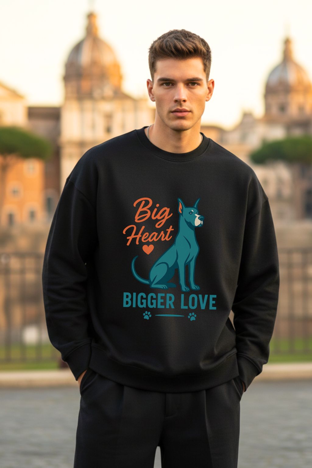 Man wearing a black sweatshirt with a graphic and text, standing in front of a blurred architectural background.