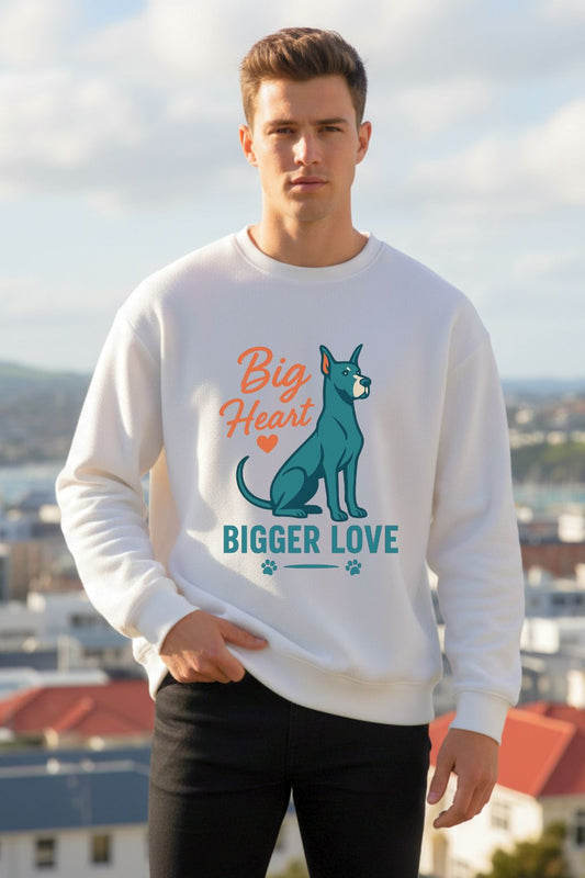Man wearing a white sweatshirt with a dog graphic and text in an outdoor setting