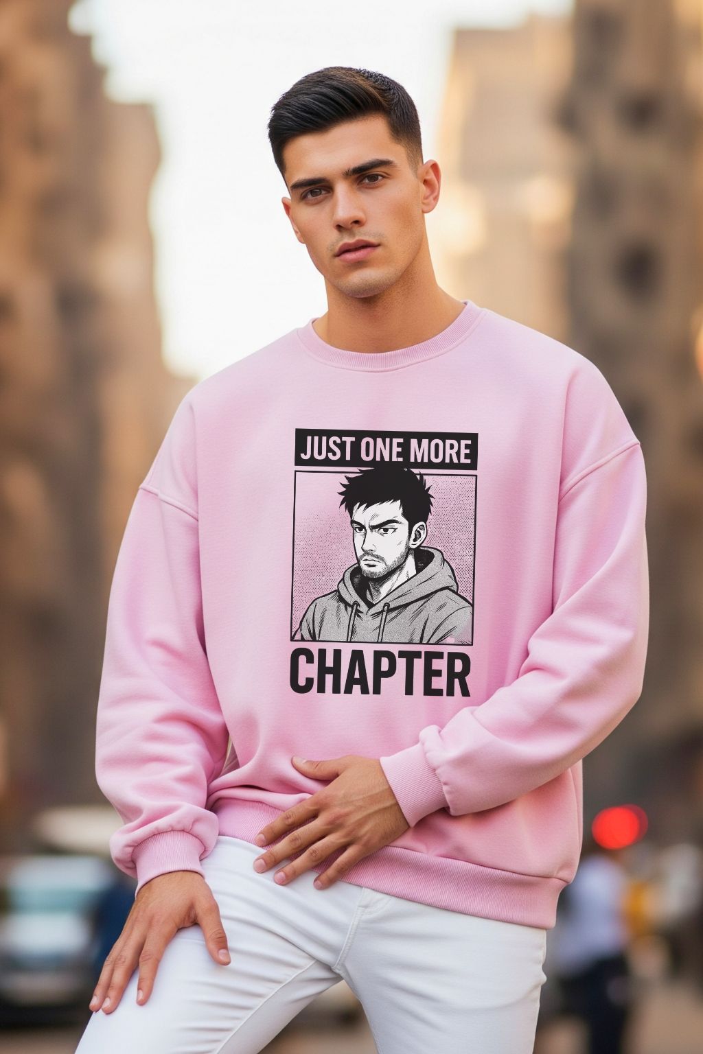 Man wearing a light baby pink oversized sweatshirt with a graphic design and text in an urban setting