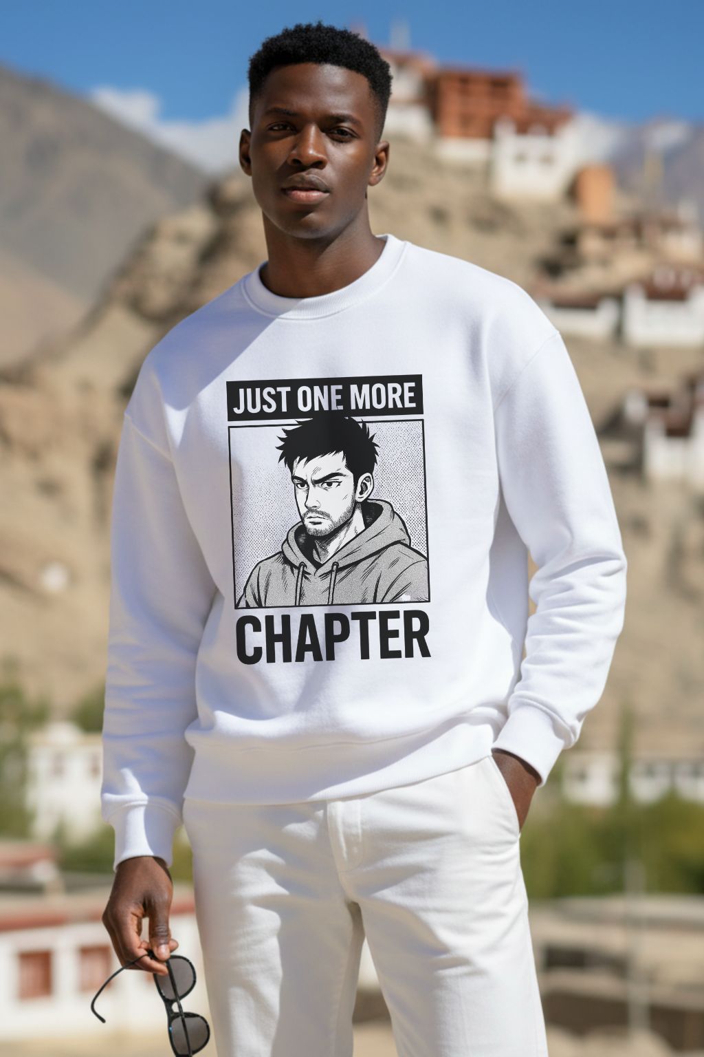 Man wearing a white oversized sweatshirt with a graphic design and text, standing outdoors.