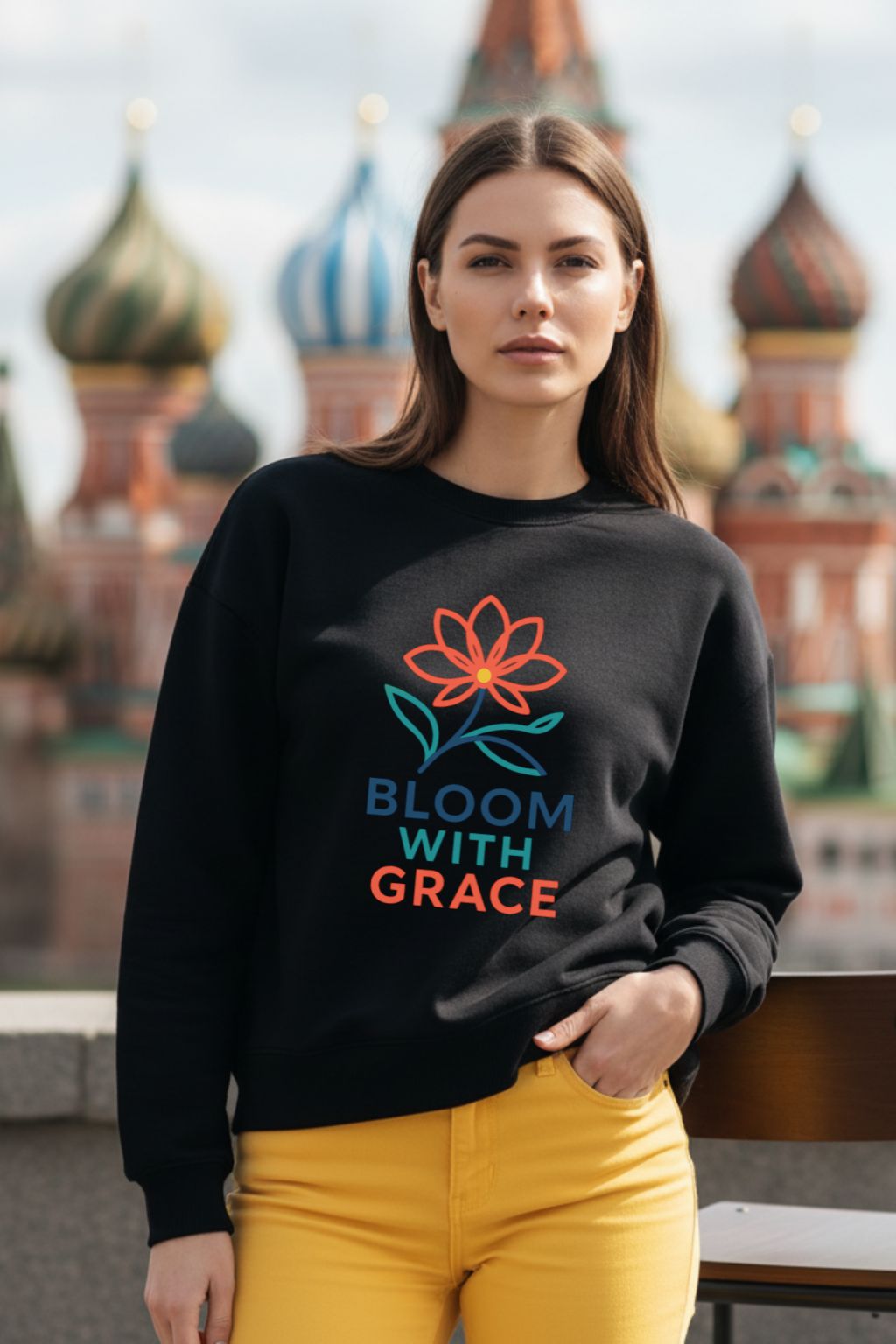 Woman wearing a black oversized sweatshirt with 'Bloom with Grace' design in front of a blurred cityscape.