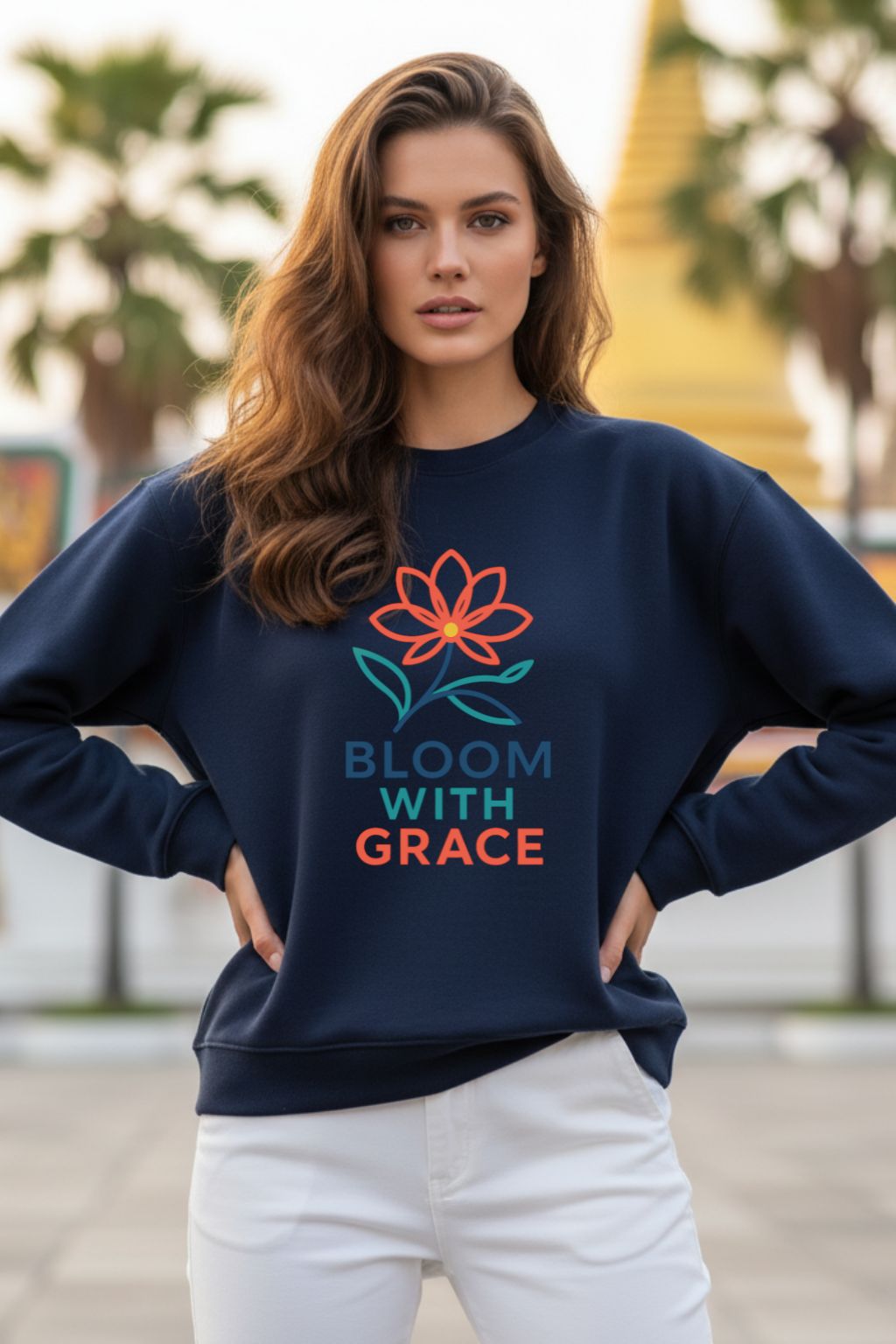 Woman wearing a navy blue oversized sweatshirt with 'Bloom with Grace' design outdoors.