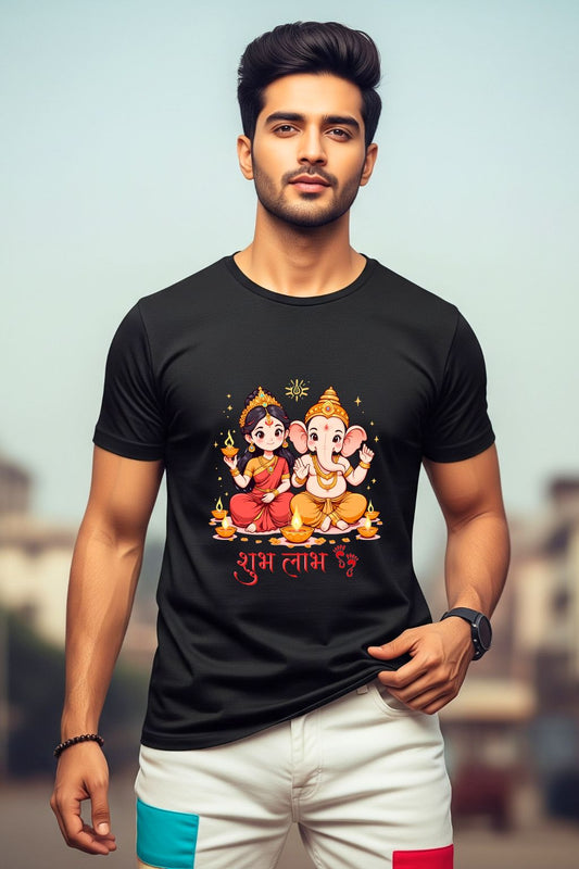 Black graphic t-shirt featuring a colorful cartoon illustration of Lakshmi and Ganesha. Ideal for Indian cultural events and modern festive wear.