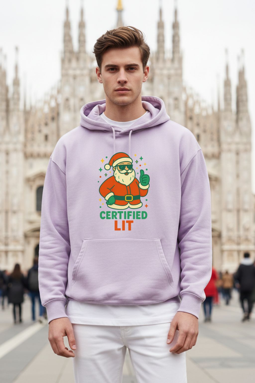 Man wearing a light baby pink oversized hoodie with a graphic design in an urban setting