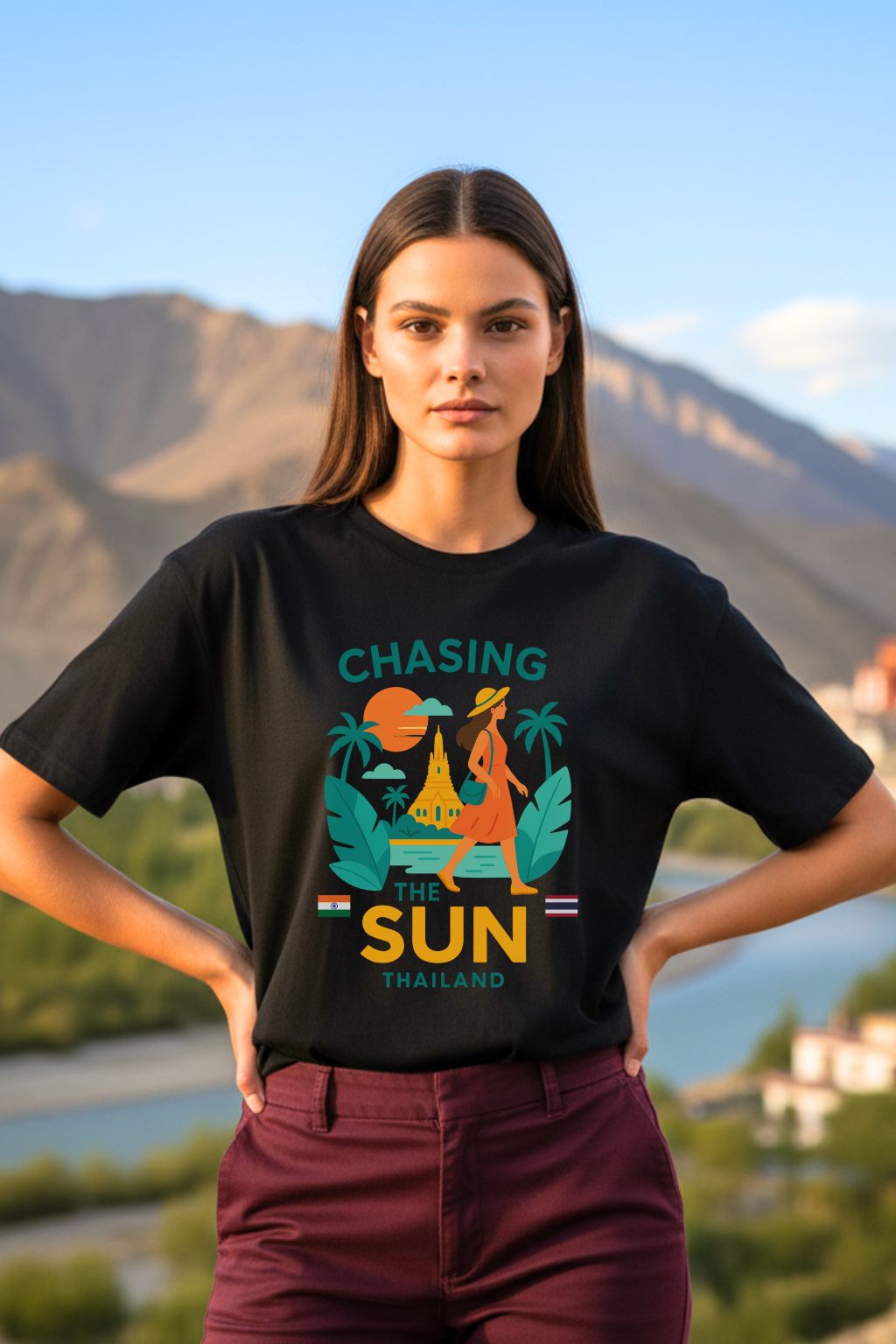 Woman wearing a black oversized t-shirt with a colorful graphic design in front of a scenic background.