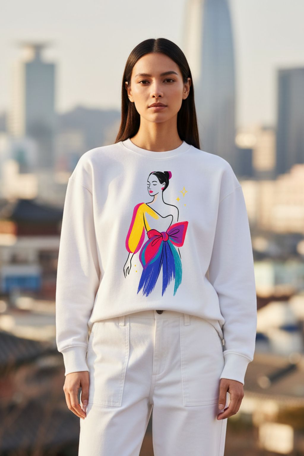 Woman wearing a white sweatshirt with a colorful graphic design outdoors.