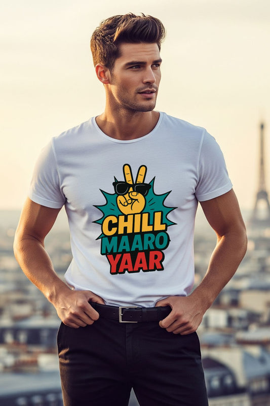 White t-shirt for men with the phrase "Chill Maro Yaar" in a colorful, fun font, perfect for casual Indian street style.