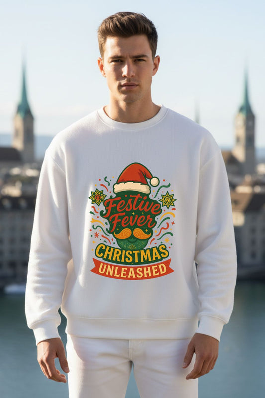 Man wearing a white sweatshirt with festive text design outdoors