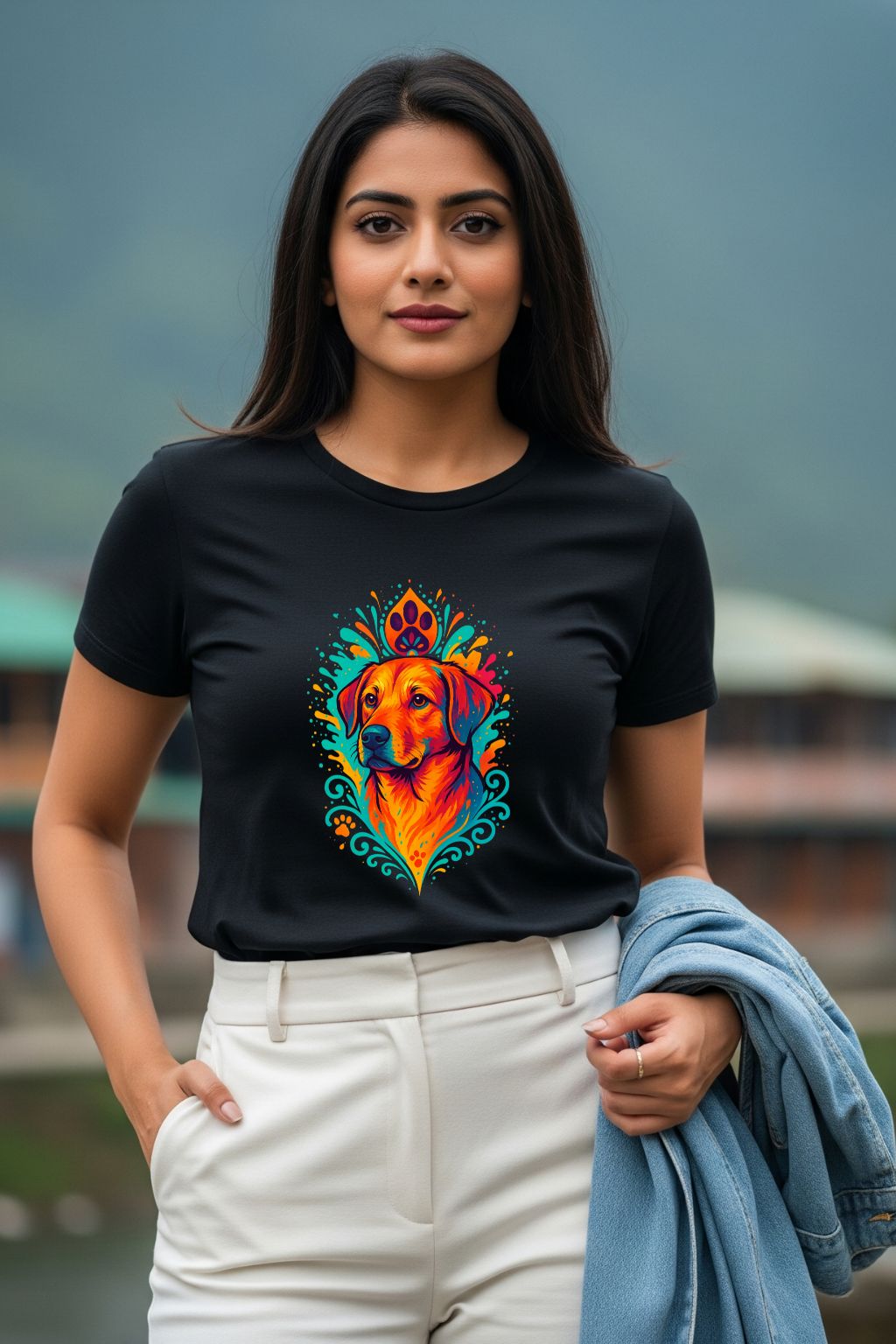Woman wearing a black t-shirt with a colorful dog graphic design.