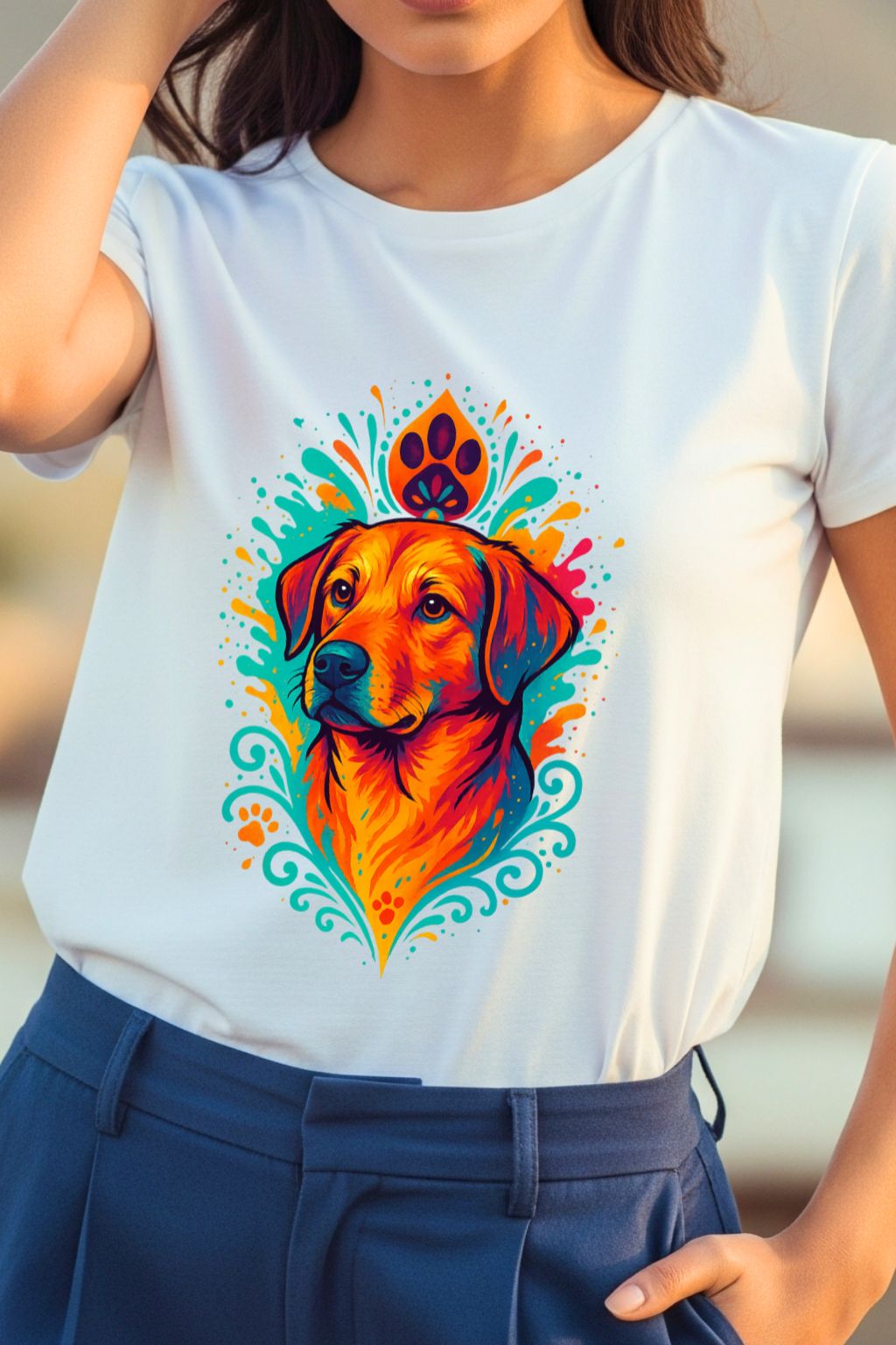 Woman wearing a white t-shirt with a colorful dog graphic design.