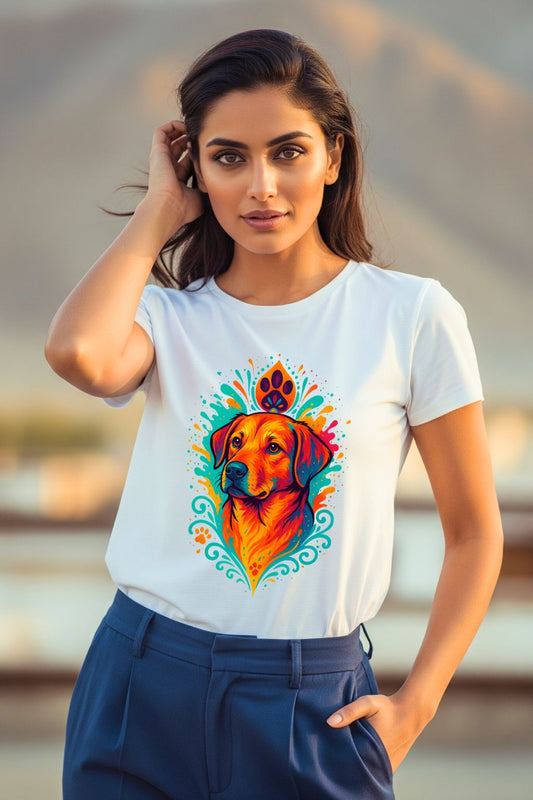 Woman wearing a white t-shirt with a colorful dog graphic design.