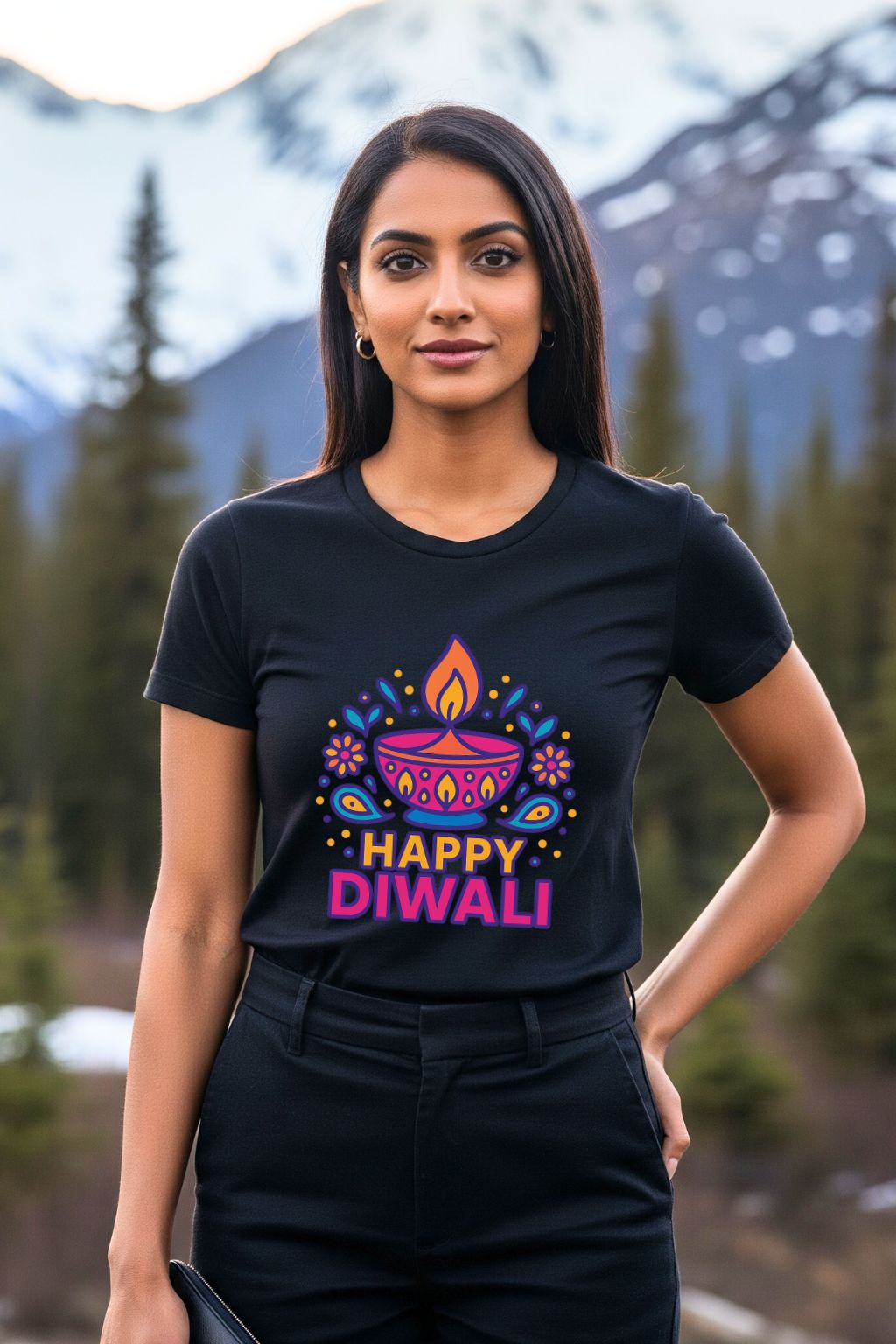 Black t-shirt for men, featuring a vibrant, colorful Diya graphic and "Happy Diwali" text. Perfect for celebrating the Festival of Lights in style.
