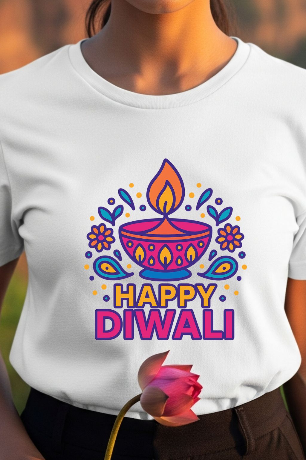  Close-up of the 'Happy Diwali' graphic on a white t-shirt, showcasing the vibrant, detailed Diya and floral design.