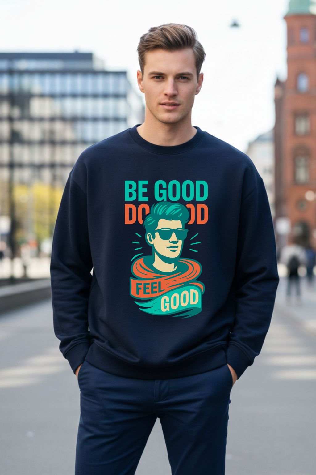 Man wearing a navy blue oversized sweatshirt with a motivational quote and graphic design on a city street.