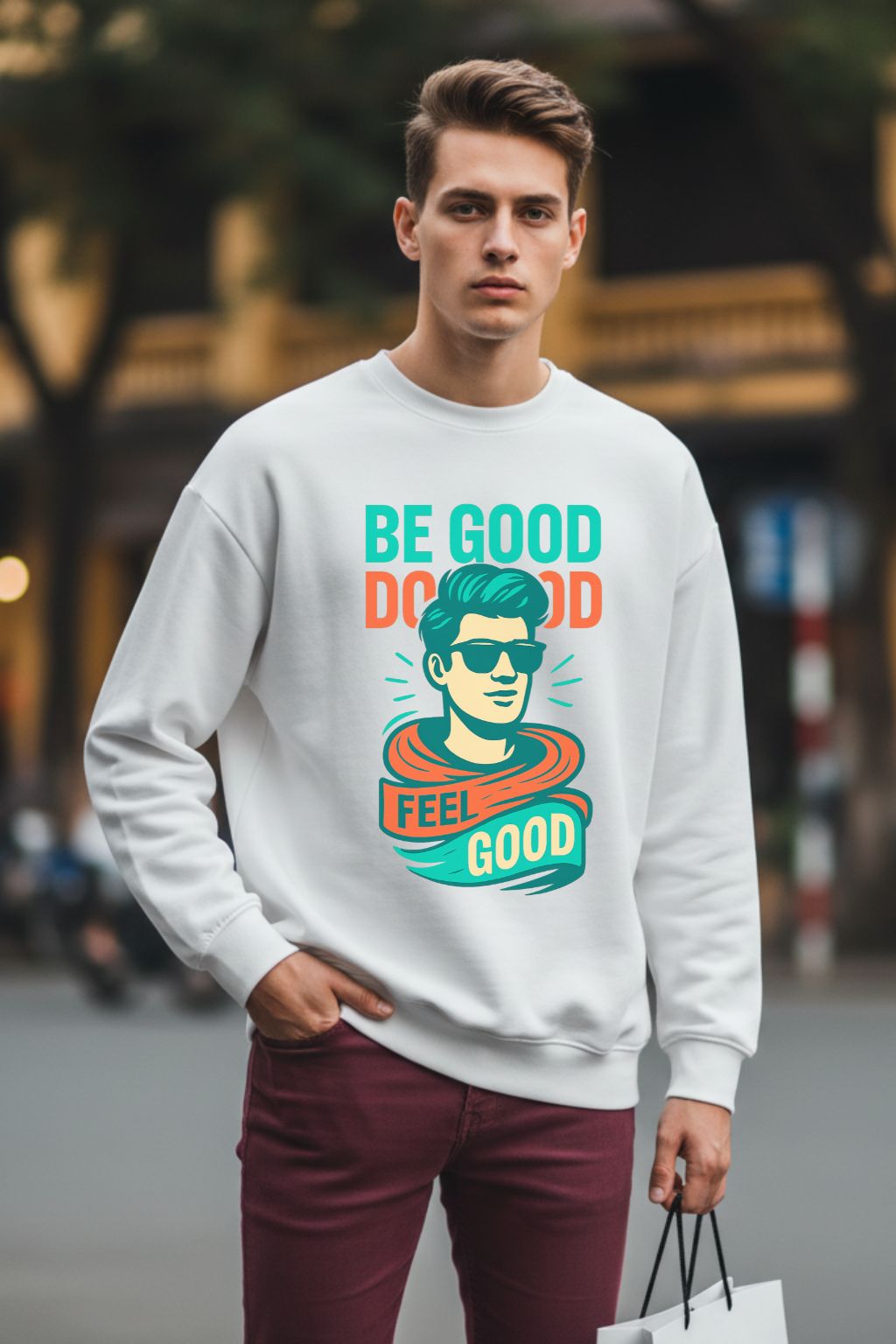 Man wearing a white oversized sweatshirt with a motivational graphic and text.