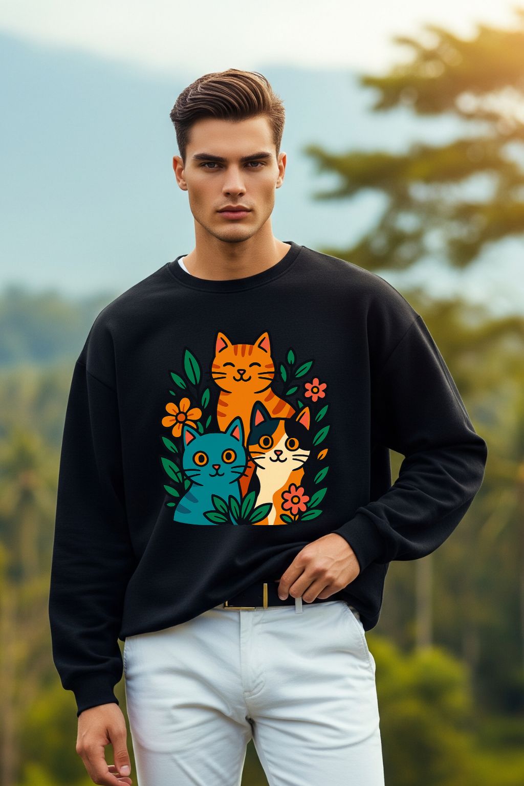 Man wearing a black sweatshirt with colorful cat design outdoors