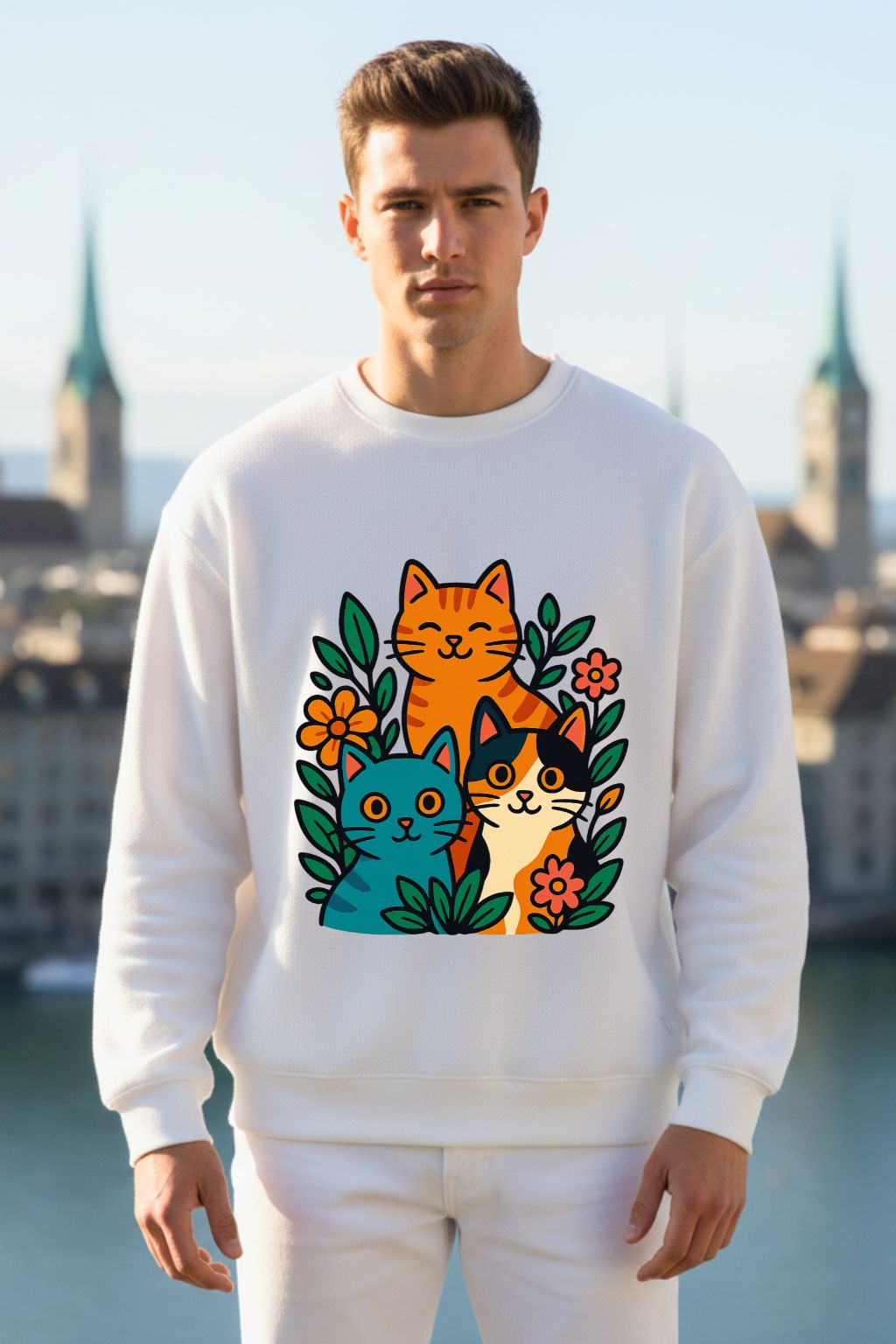 Man wearing a white sweatshirt with colorful cat design outdoors