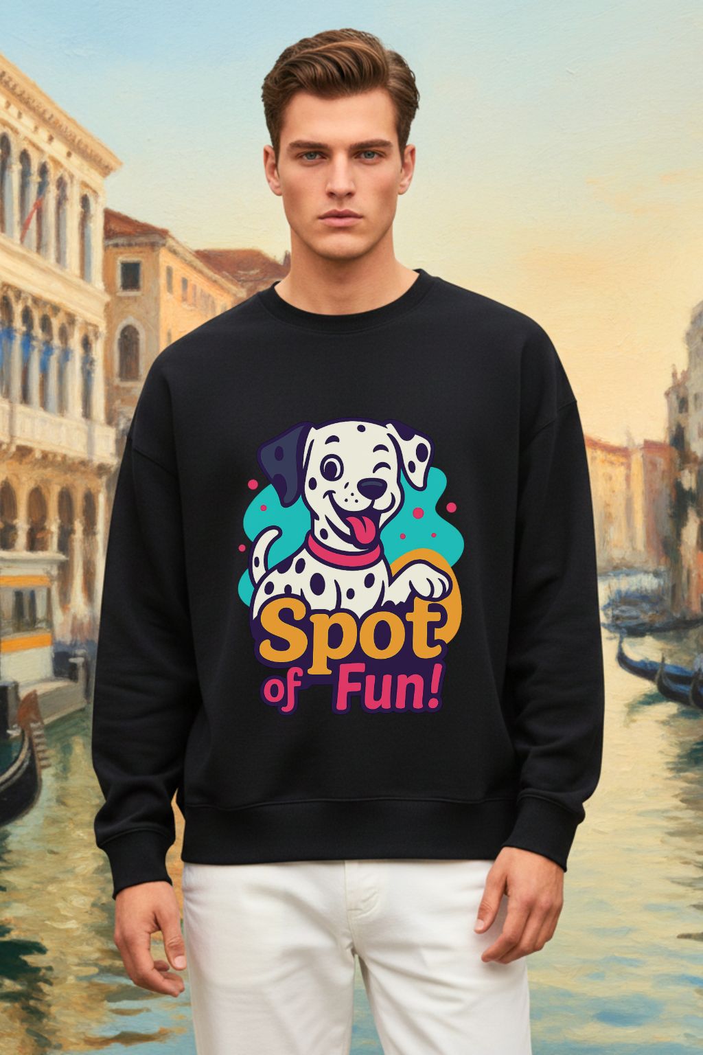 Man wearing a black oversized sweatshirt with a colorful graphic and text, standing in front of a scenic background.
