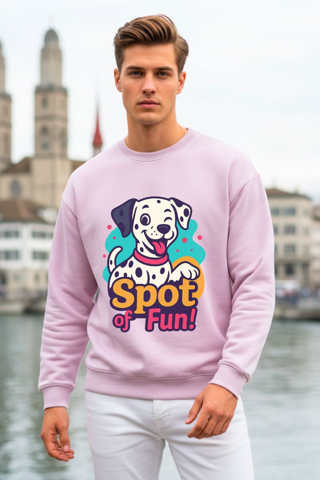 Man wearing a light baby pink oversized  sweatshirt with a dog graphic and 'Spot of Fun!' text, standing in front of a cityscape.