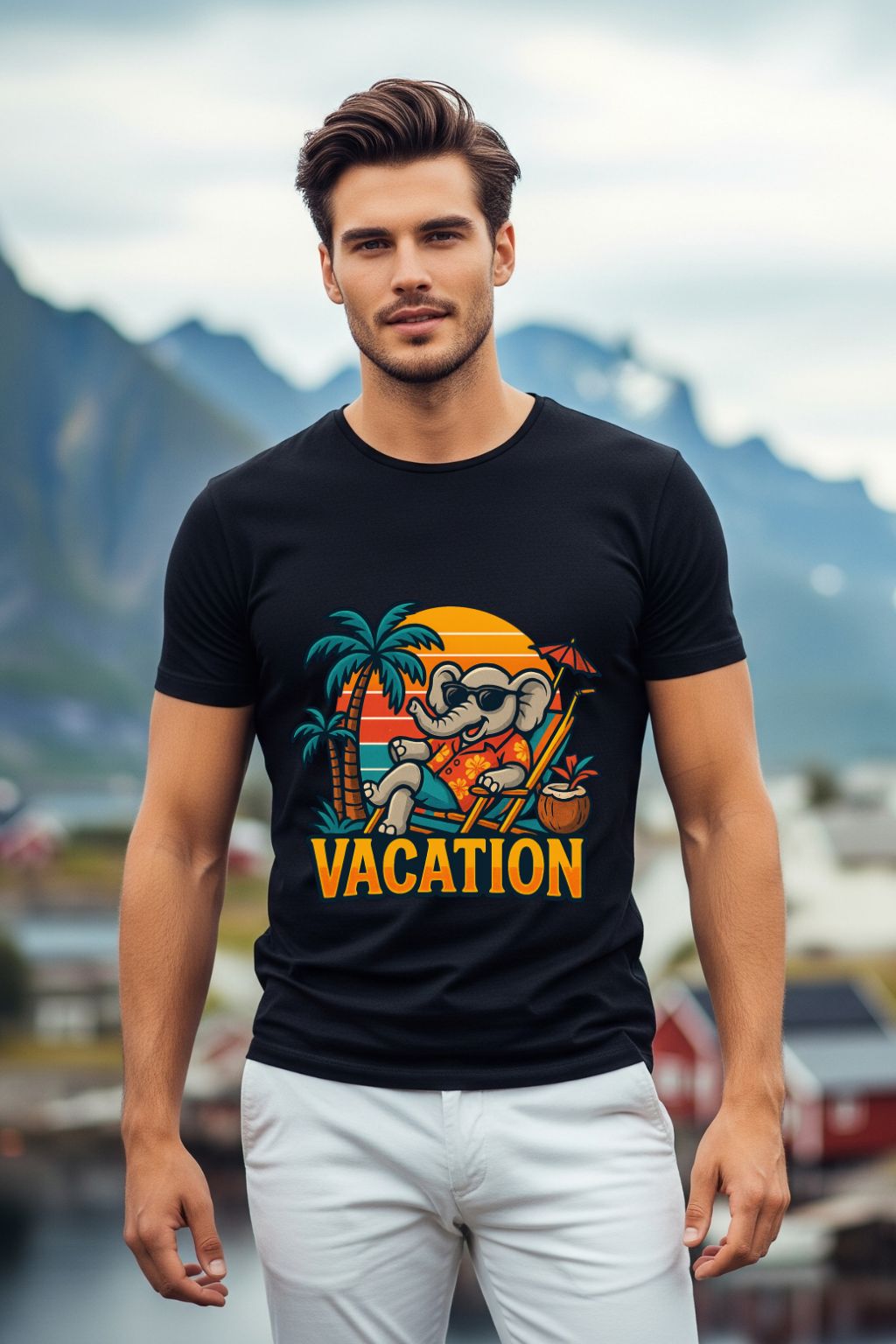 Man wearing a black t-shirt with a 'Vacation' graphic design in a scenic outdoor setting.