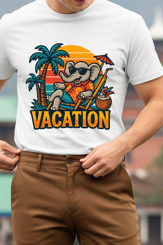 Close up of a man wearing a white t-shirt with a tropical design and 'Vacation' text.