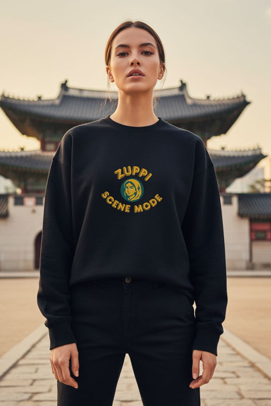 Woman wearing a black sweatshirt with yellow text and logo in front of traditional architecture.