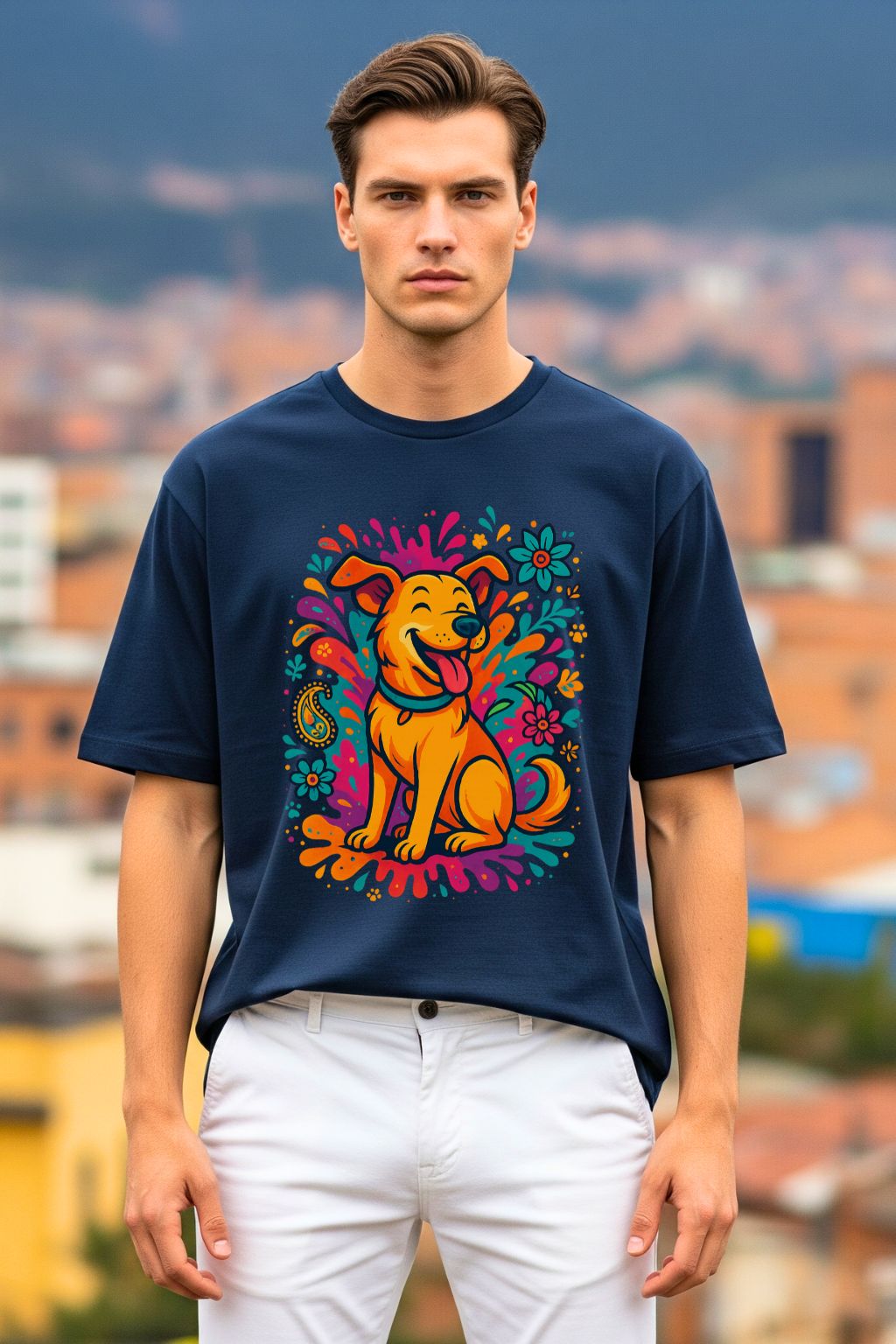 Man wearing a navy blue t-shirt with a colorful dog graphic design outdoors.