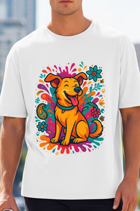 White t-shirt with a colorful dog graphic on a person wearing it.