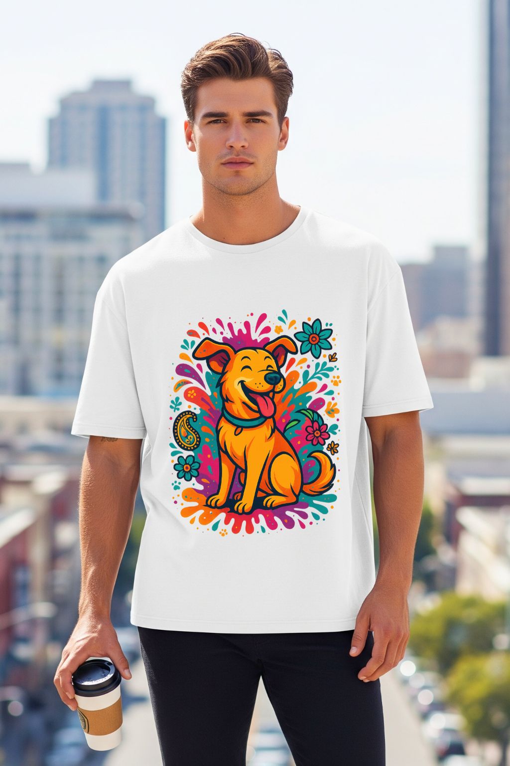 Man wearing a white t-shirt with a colorful dog graphic in an urban setting
