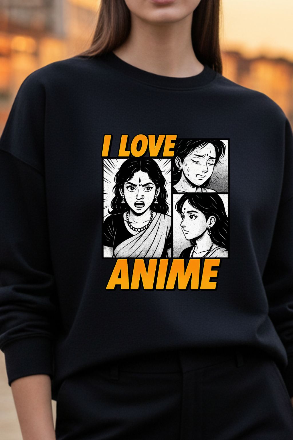 Close up of a woman wearing a black sweatshirt with anime-themed design and text.