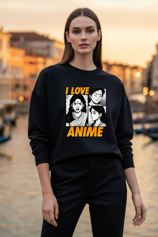 Woman wearing a black sweatshirt with anime-themed design and text, standing by a waterfront at sunset.