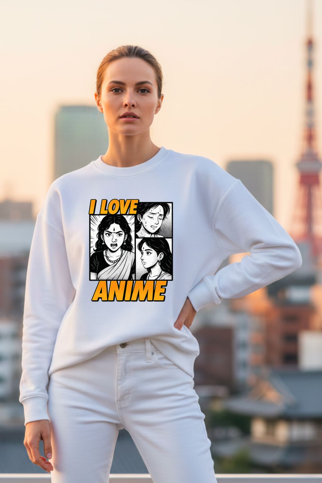 Woman wearing a white sweatshirt with 'I Love Anime' design in an urban setting